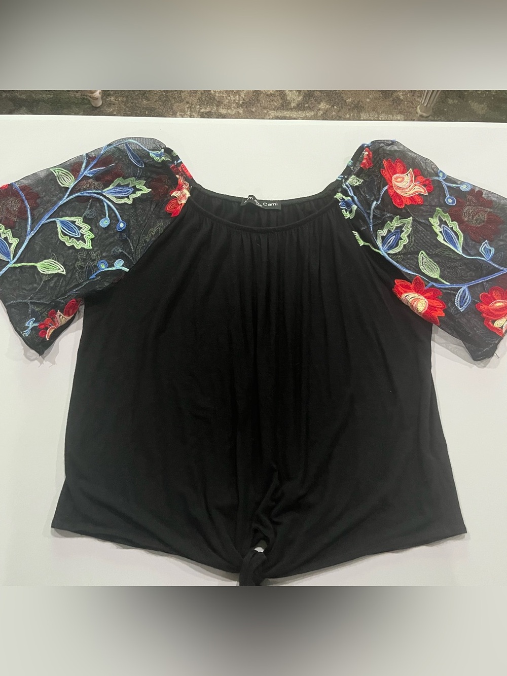 Kim & Cami Black Top with Red Floral Embroidered Puff Sleeves